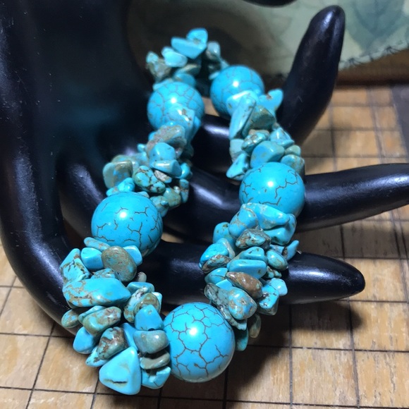 Turquoise Stone Nugget Chip, Pretty Dark Vein Ball Bead 7”L Bracelet EVC 70s 80s - Picture 8 of 11